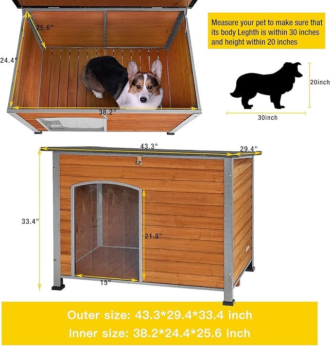 Aivituvin Dog House Outdoor & Indoor Wooden Dog Kennel for Winter with Raised Feet Weatherproof for Small & Medium & Large Dogs,Unique All-Around Iron Frame…-PawvioPets
