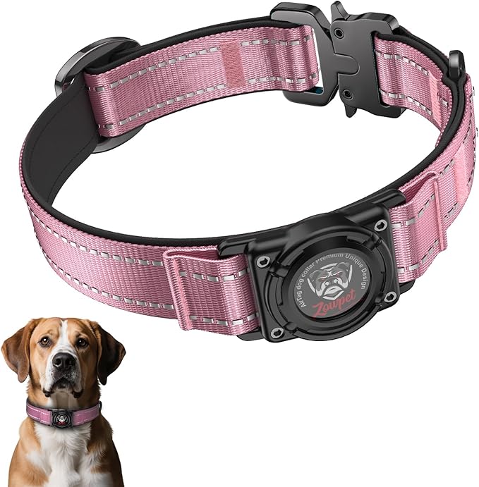 2025 Upgrade Airtag Dog Collar, Reflective Dog Collar with Airtag Holder, IP68 Waterproof| Metal Buckle| Ultra-Durable| Comfortable Padded, GPS Dog Collars for Medium Large Dogs (Pink,M)-PawvioPets