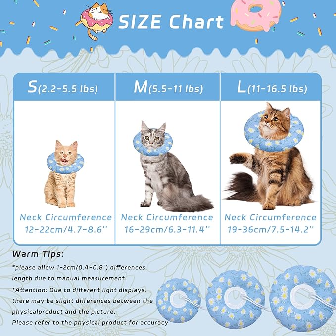 Cat Cone Collar Soft, Adjustable Cat Recovery Collars Kitten Cones to Stop Licking, Cute Donut E Collar After Surgery, Wound Healing Elizabethan Collar for Kitten(Blue Daisy, Large)-PawvioPets