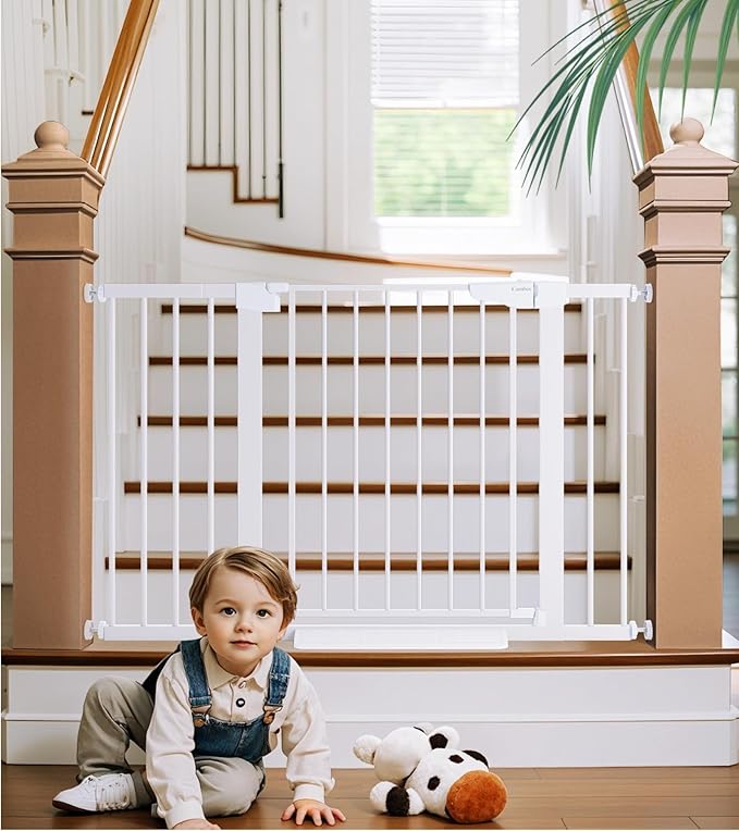 Cumbor 29.7-48" Baby Gate for Stairs, Mom's Choice Awards Winner-Dog Gates for Doorways, Auto Close Safety Pet Gate for Dogs Indoor, Easy Install Pressure Mounted Child Gate with Walk Thru Door, White-PawvioPets