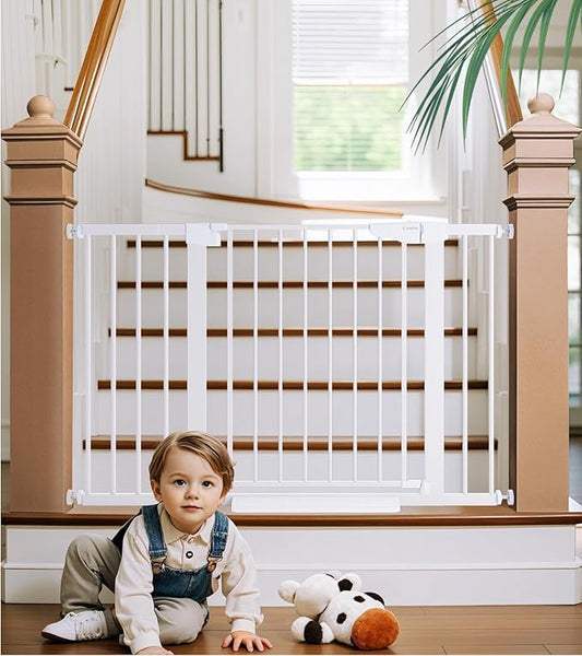 Cumbor 29.7-48" Baby Gate for Stairs, Mom's Choice Awards Winner-Dog Gates for Doorways, Auto Close Safety Pet Gate for Dogs Indoor, Easy Install Pressure Mounted Child Gate with Walk Thru Door, White-PawvioPets