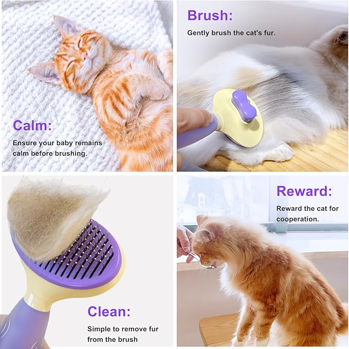 Cat Brush for Grooming and Shedding, Self-Cleaning Silicone Brush for Short and Long Haired Cats, Cat Gifts for Pet Lovers (purple)-PawvioPets