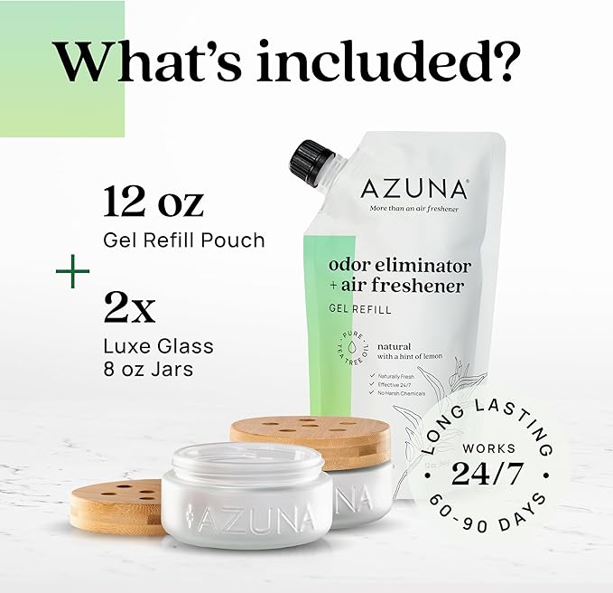 Azuna Air Freshener & Odor Eliminator for Strong Odor | 2 Room Kit Includes (2) 8 oz. Empty Luxe Glass Jars & 12 oz | Refill with Tea Tree Essential Oil Gel | Natural Scent | Last 60-90 Days-PawvioPets