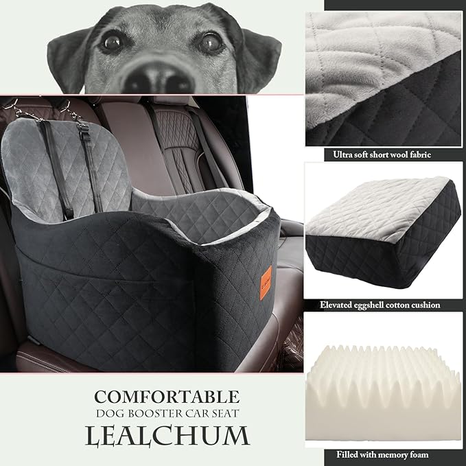 Dog Booster Car Seat for Small/Medium Dogs,6in Memory Foam Elevated Cushion,Fully Detachable and Washable,2 Clip-On Safety Leashes,Anti-Slip Base(Black/Grey,Medium)-PawvioPets