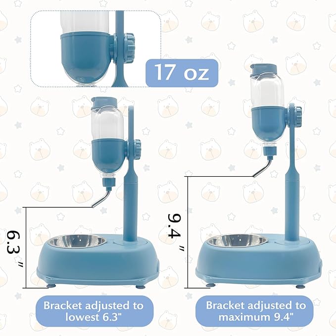 Fhiny Dog Water Feeder Bottle with Stand, Dispenser Automatic Water Food Bowl for Cage No-Drip Leak-Proof Adjustable Raised Pet Slow Water Bottle Dog Kennel Durable Drinker (Blue, 17oz)-PawvioPets