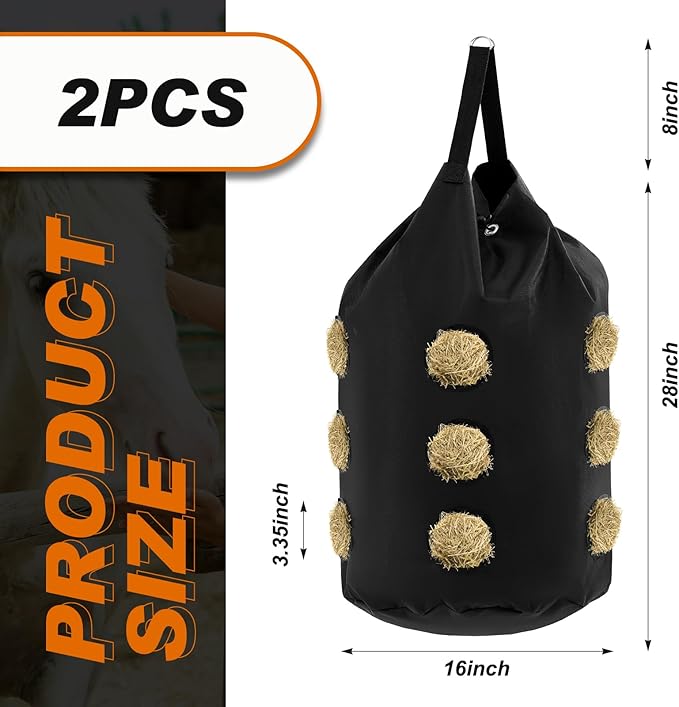 2 Pcs hay Bags for Horses Goats Slow Feed 1680D Oxford Bag Black Large Capacity Net Open Feed Hole Hay Holder for Horse Goats Sheep(15 Holes)-PawvioPets