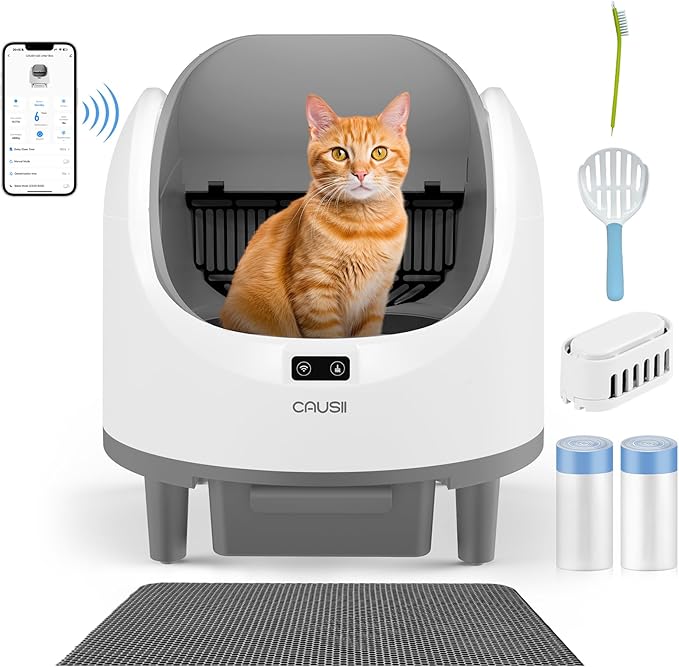 Automatic Litter Box, [Safe Anti-Pinch] CAUSII Large Capacity Self-Cleaning Cat Litter Box for Multiple Cats, App Control, Quiet & Odor-Free,for 3.5-24.2LB, with 30PCS Garbage Bags,Litter Mat-PawvioPets