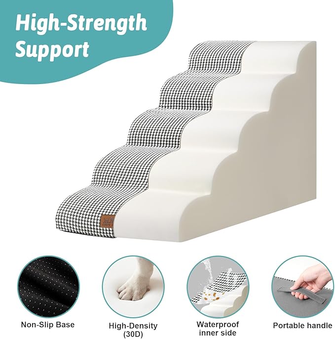 Extra Wide Dog Stairs 19.7" Width, Large Pet Step for Small Medium Dog, Puppy or Cat, Ramp for High Bed or Car, High Density Foam Ladder, Stable, 5 Step, 19.7x33x22.4 inch, White Black-PawvioPets