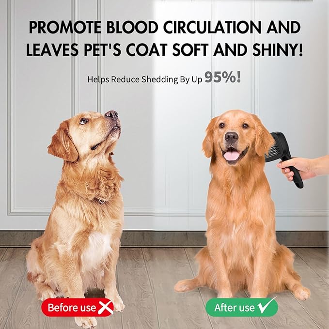 Dog Self Cleaning Slicker Brush for Shedding, Ideal for Short Long Haired Dogs, Including Cat. Removes Loose Fur, Undercoat, Mats, Tangled Hair. Suit for Large Medium Small Animal, Black-PawvioPets