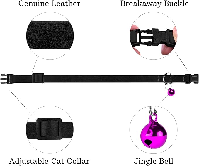 Breakaway Cat Collar Leather with Removable Bell - 13 Colors Available - Soft Adjustable Girl Boy Safety Lightweight Pet Kitten Collars Pink Brown Blue Green Red Orange Black (Black)-PawvioPets