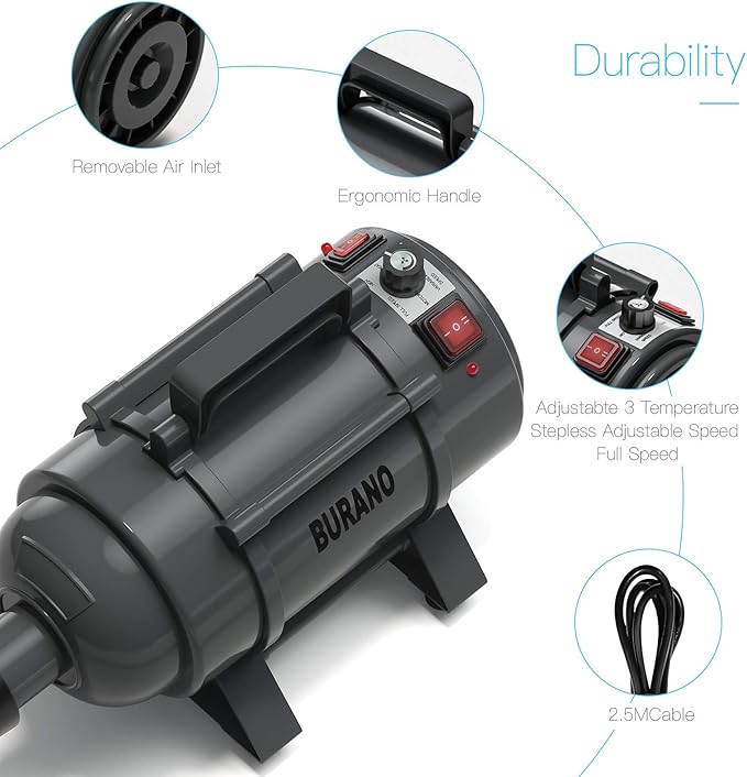 Burano Dog Dryer, High Velocity Pet Hair Dryer, 4.3HP Stepless Adjustable Speed Dog Hair Force Dryer, Powerful Pet Blower with Heater-PawvioPets