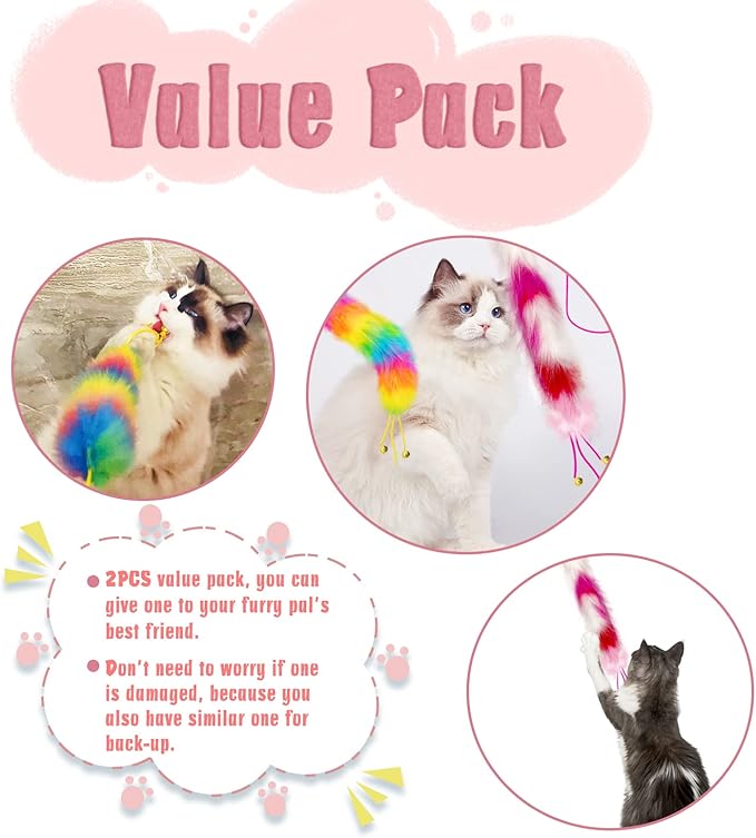 2 Pack Cat Wand Toy, Rainbow Cat Feather Toys with Bells, Teaser Wand with Soft Furry Tail, Interactive Toys for Indoor Cats & Kitten & Kitty-PawvioPets
