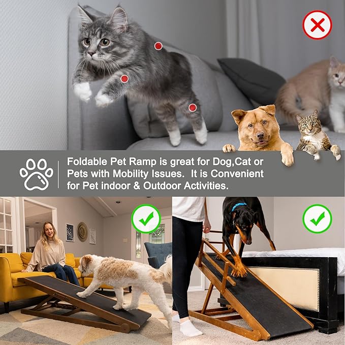 ABORON Dog Ramp,Adjustable Folding Pet Ramp for Bed,Couch,SUV - High Traction Portable Rubber Paw Ramps,Great for Small & Large Old Dogs & Cats, Supports up to 200 lbs,63''Long-PawvioPets