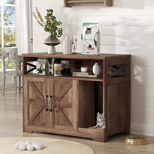 Cat Litter Box Enclosure, Hidden Litter Box Furniture with Scratch Pad, Farmhouse Indoor Cat House Washroom End Table, Retro Brown-PawvioPets