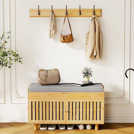 Coat Rack Shoe Bench Set, Bamboo Shoe Storage Bench with Seat Cushion & 5 Hooks, Hall Tree Entryway Bench with Lift Top Hidden Storage, 35.4" W x 12.6" D x 19.7" H, for Entryway, Living Room, Bedroom-PawvioPets