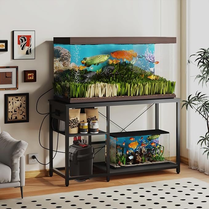 50-75 Gallon Fish Tank Stand with Power Outlet & LED Light, Metal Aquarium Stand with 3 Tier Adjustable Storage Shelves, Tank Stand for Reptile Tank, Turtle Tank, 52" L*19.5" W, Black-PawvioPets