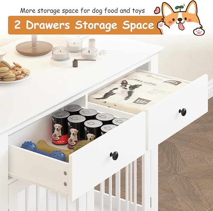 Dog Crate Furniture, 44 Inch Wooden Dog Kennel Indoor with 2 Storage Drawers, Heavy Duty Large Crate Furniture, Decorative End Table Cage Furniture for Small/Medium/Large (White)-PawvioPets