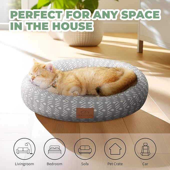 Cat Bed, 20In Dog Beds for Small Dogs, Calming Cat & Dog Beds for Indoor Pets, Pet Beds Comfortable Donut Round Ultra Soft (Grey Pattern, 20.0" L x 20.0" W x 6.5" Th)-PawvioPets