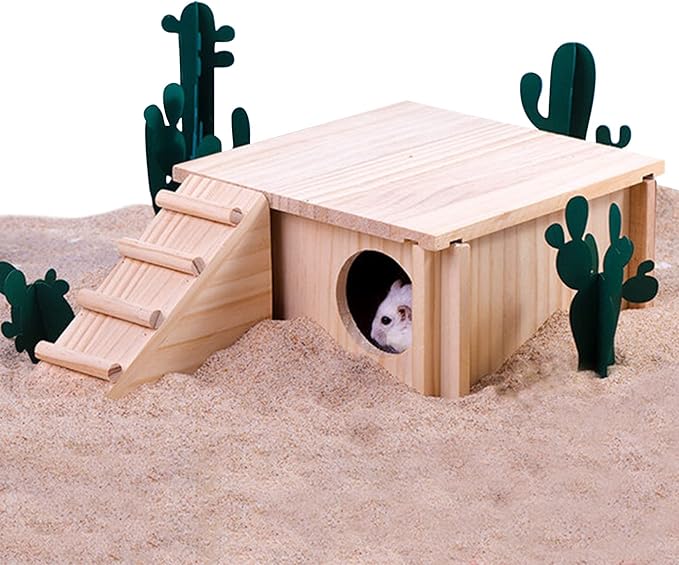 Fhiny Wooden Hamster Hideout for Small Animal, Gerbils Chamber Hut with Ladder Habitats Decor, Maze Climbing Toys for Dwarf Syrian Hamsters Mice and Other Small Pets-PawvioPets