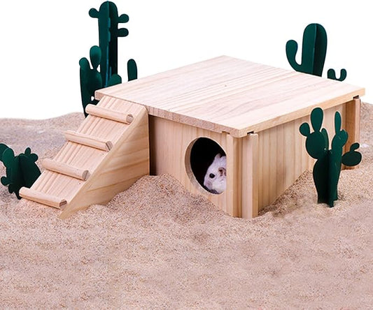 Fhiny Wooden Hamster Hideout for Small Animal, Gerbils Chamber Hut with Ladder Habitats Decor, Maze Climbing Toys for Dwarf Syrian Hamsters Mice and Other Small Pets-PawvioPets