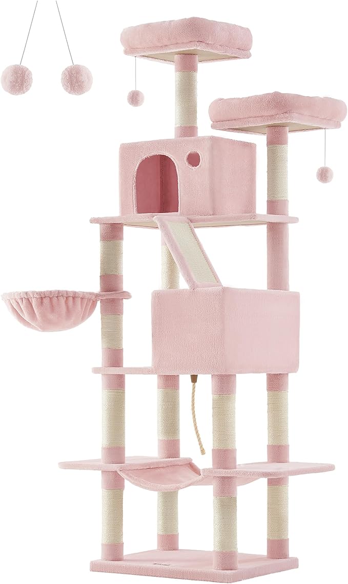 Feandrea Cat Tree, 81.1-Inch Large Cat Tower with 13 Scratching Posts, 2 Perches, 2 Caves, Basket, Hammock, Pompoms, Multi-Level Plush Cat Condo for Indoor Cats, Jelly Pink UPCT190P01-PawvioPets