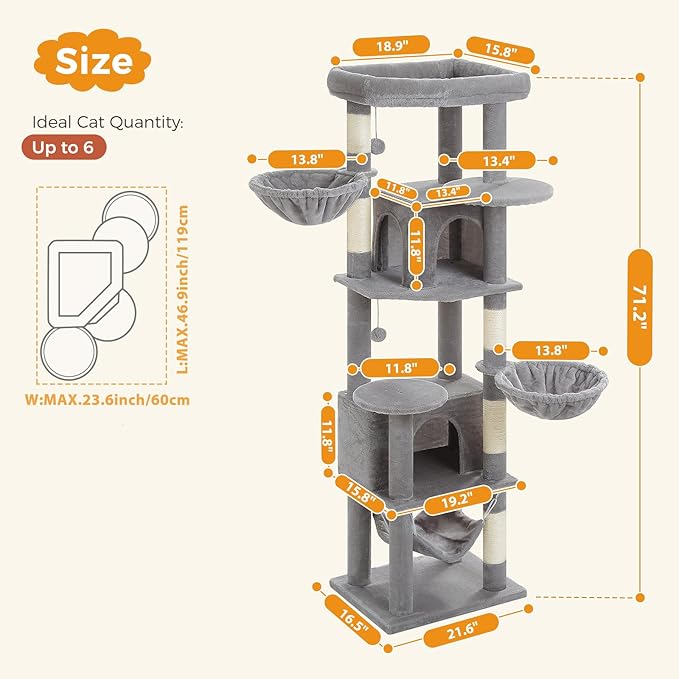 71.2" Tall Cat Tree for Indoor Cats - 9-Level Multi-Cat Tower w/5 Sisal Scratching Posts, 2 Condos, 3 Hammocks, Perch & Pom Poms - Heavy-Duty for Adult Cats, Space-Saving Plush Gray-PawvioPets