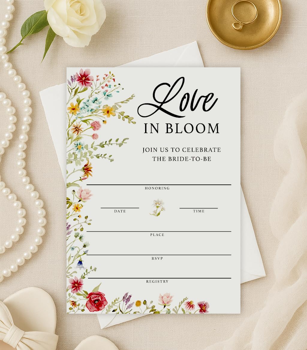 Printed Party Bridal Shower Invitations and Envelopes, Wildflower Theme, Love In Bloom Design, Set of 30