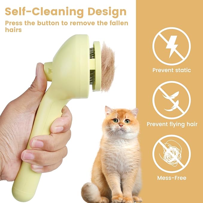 3 in 1 Cat Steam Brush, Pet Spray Hair Removal Comb for Shedding & Grooming, Water Brush for Cats Dogs Small Animals Long Short Haired with One-Click Release Button(Yellow)-PawvioPets