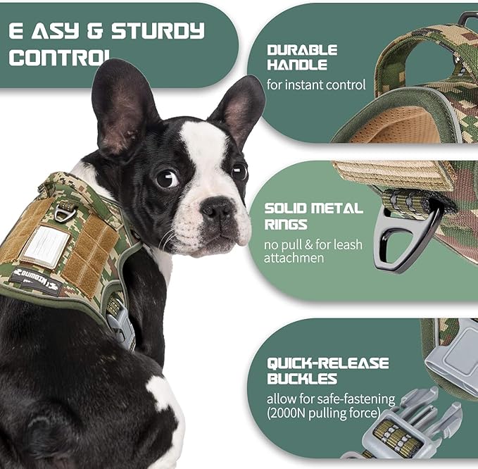 BUMBIN Tactical Dog Harness for Small Dogs No Pull, Famous TIK Tok No Pull Puppy Harness, Fit Smart Reflective Pet Walking Harness for Training, Adjustable Dog Vest Harness with Handle Forest Camo XS-PawvioPets