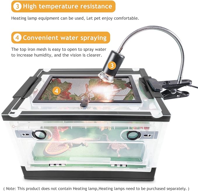 Foldable Reptile Terrariums Kits with Plant, Feeding Bowl, Carpet, Easy to Carry, Easy to Move with Wheels, Heat-Resistant Material, Suitable for Lizard Tortoise Leopard Gecko (Black)-PawvioPets