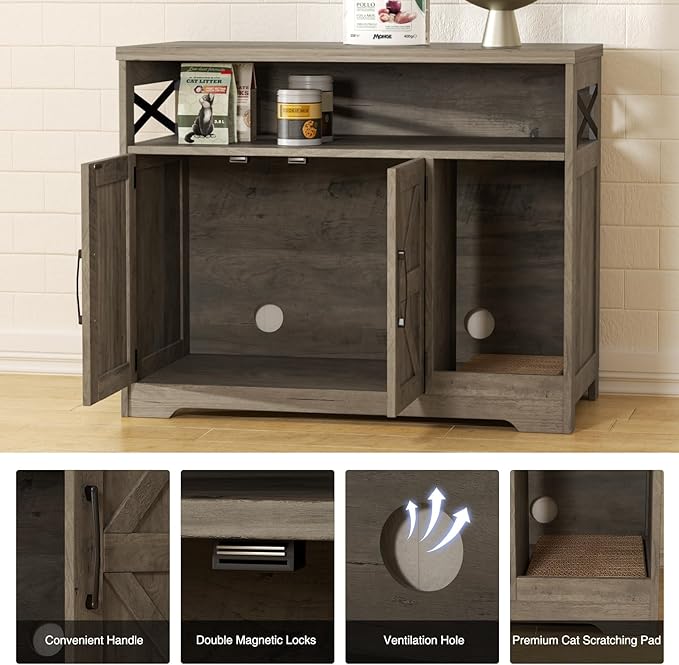 Cat Litter Box Enclosure, Hidden Litter Box Furniture with Scratch Pad, Farmhouse Indoor Cat House Washroom End Table, Grey-PawvioPets