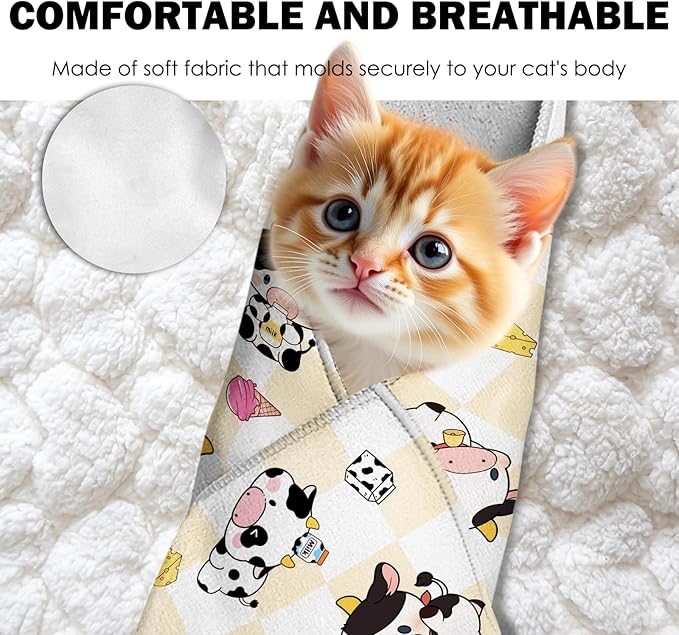 27.6" Cat Grooming Wrap, Self Adhesive Cat Wrap for Cutting Nails, Anti-Escape Calming Cat Swaddle Wrap for Medicine Ear Cleaning, Cartoon Cow Anti-Scratch Cats Burrito Restraint Blanket, Pet Tool-PawvioPets