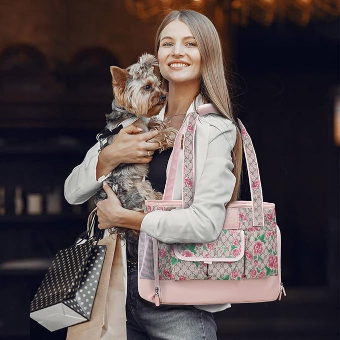 Dog Carrier, Cat Carrier, Pet Carrier, Foldable Waterproof Premium PU Leather Oxford Cloth Dog Purse, Portable Tote Bag Carrier for Small to Medium Cats and Small Dogs (Flower Pattern)-PawvioPets