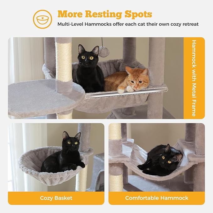 81" Heavy Duty Cat Tree for Large Cats up to 20lbs - Extra Tall Cat Tower with Metal Frame Hammock, 6 Sisal Scratching Posts, 2 Perches - Indoor Cat Furniture for Maine Coon, Big Cats, Gray-PawvioPets