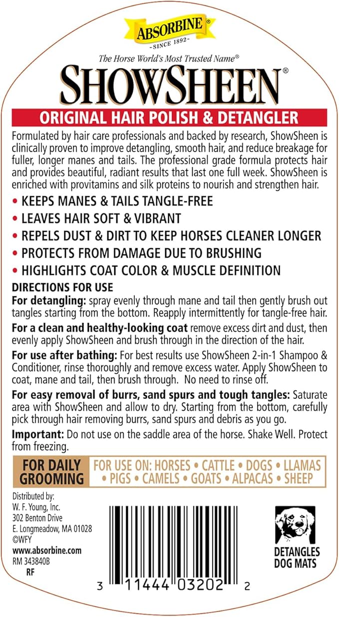 Absorbine ShowSheen Hair Polish & Detangler 32oz Refill Bottle, Horse and Dog Coat, Mane and Tail, Instant Detangling & Reduces Hair Breakage for Healthy Grooming & Radiant Shine-PawvioPets
