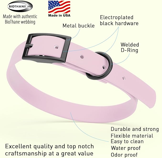 Dogline Biothane Waterproof Dog Collar Strong Coated Nylon Webbing with Black Hardware Odor- Proof for Easy Care Easy to Clean High Performance Fits Small Medium or Large Dogs, Pastel Purple-PawvioPets