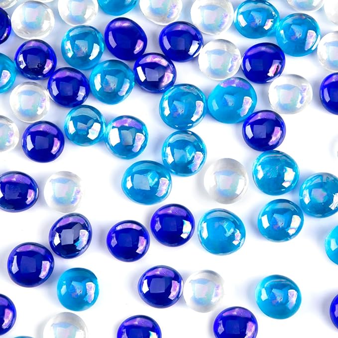 FUTUREPLUSX 1LB Iridescent Flat Glass Marbles, Blue Mixed Glass Beads Vase Fillers Decorative Gem Pebbles Sparkling Floral Fish Tank Rocks for Vases Table Scatter Aquarium Decor DIY Craft-PawvioPets