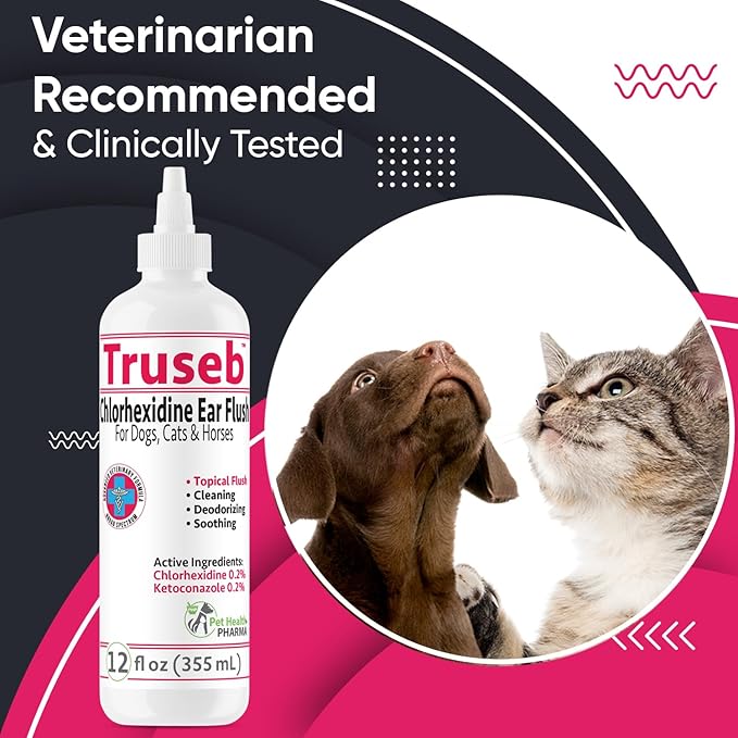 All Natural Ear Flush for Dogs & Cats, Ketoconazole & Chlorhexidine Ear and Vet-Strength Ear wash with a Light Scent (USA) (Ketoconazole & Chlorhexidine Ear Flush, 12 oz)-PawvioPets