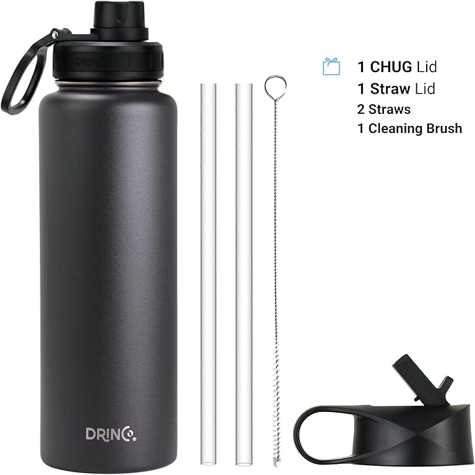 DRINCO Stainless Steel Water Bottle Spout Lid Vacuum Insulated Double Wall Water Bottles Wide Mouth (40oz 32oz 22oz 18oz 14oz) Leak Proof Keeps Cold or Hot (40 oz, 40oz Black)-PawvioPets