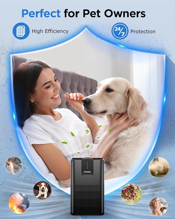 Air Purifiers for Home Large Room Up to 1250 Ft²,MOOKA H13 HEPA Air Purifier for Pets Dust Odor Smoke,Aromatherapy Function,Air Cleaner with 15dB Quiet Sleep Mode for Bedroom Office Living Room,Black-PawvioPets