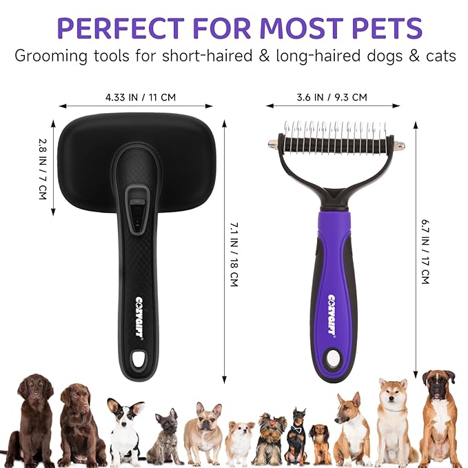 Dog Brush Kit – 3 PCS Grooming Set with Self-Cleaning Brush, Undercoat Rake & Pet Bath Brush. Great for Shedding, Tangles & Dirt Removal – Ideal for Long & Short Haired Dogs & Cats, Black-PawvioPets