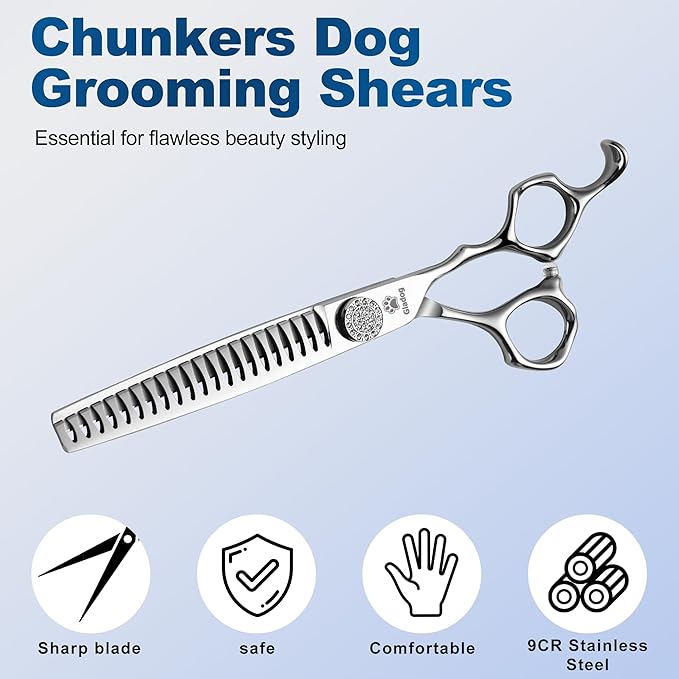 GLADOG 7" Chunkers Dog Grooming Scissors - Premium 9CR Dog Scissors for Grooming with Luxurious Diamond Nut，Ideal Dogs Shears for Reducing Bulk, Dogs Hair Scissor，Cat Scissor-PawvioPets