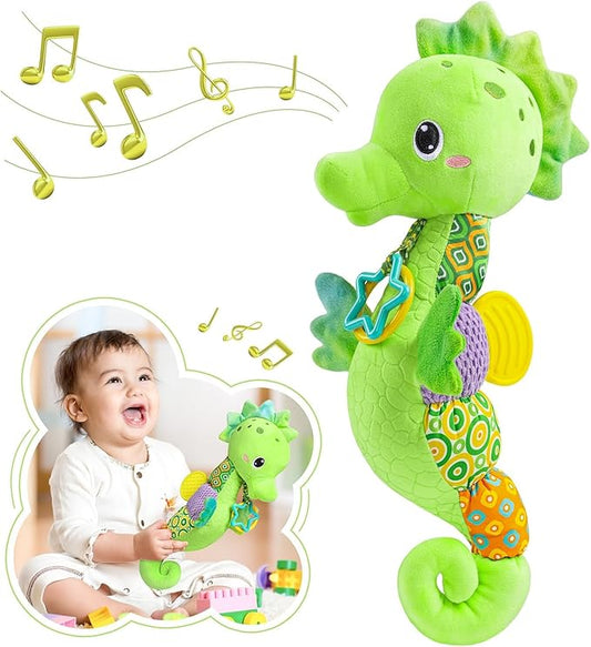 Baby Toys 0 to 12 Months, Musical Stuffed Animal Activity Soft Toys with Multi-Sensory Crinkle, Rattle and Textures, Infant Tummy Time Toys for Newborn Boys Girls, Seahorse, Green-PawvioPets