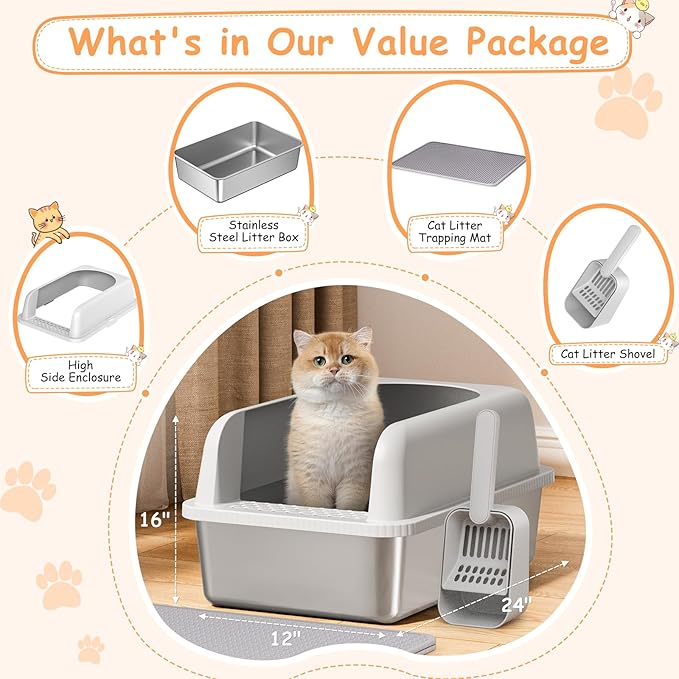 2 Pack Stainless Steel Litter Box, 24'' XL Extra Large Cat Litter Box with Lid, Metal Litter Boxes for Multiple Cats, Anti-Leakage,Non-Stick, Easy to Clean, Included Cat Litter Mat, Scoop-PawvioPets