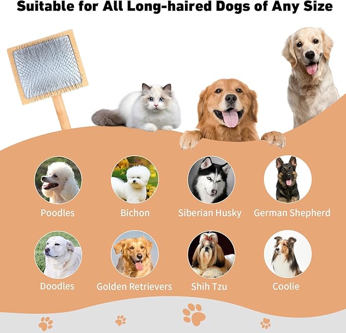 Dog Slicker Brush for Shedding and Grooming Medium or Long Haired Cats, Extra Long & Soft Pin Slicker Brush for Removes Loose Hair, Tangles, Knots, Undercoat, Free Pet Comb, Large, Oak-PawvioPets