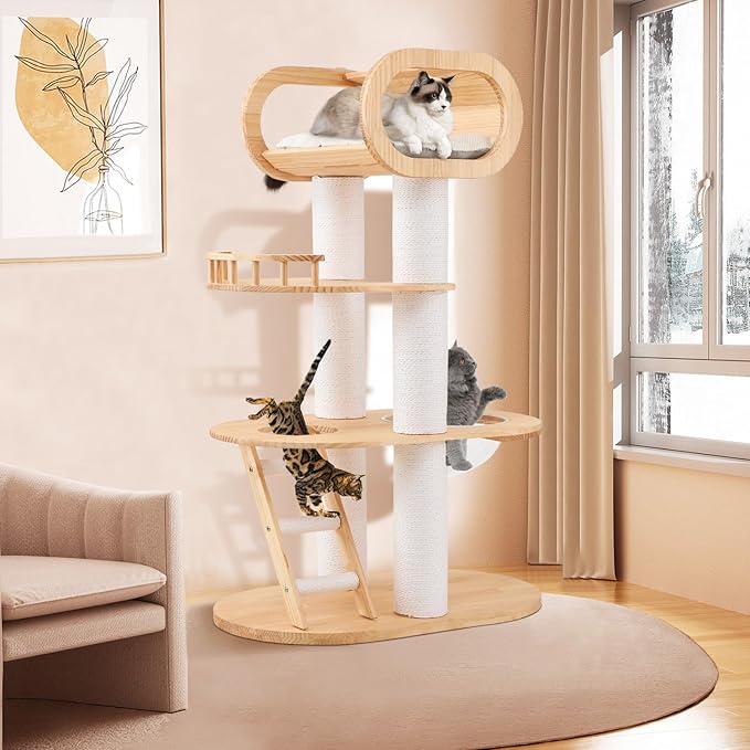 63'' Tall Modern Cat Tree for Indoor Cats, Luxury Cat Tree, Multi-Level Wood Climb Tower for Large Cat, Heavy Duty Kitty House with Transparent Bowl, Large Perches with Removable Cushion-PawvioPets