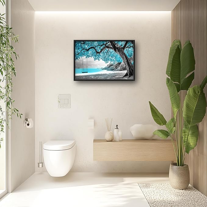 Extra Large Framed Abstract Tree Wall Art,Black and White Tree of Life Wall Decor,Blue Teal Sea Pictures for Living Room,Canvas Print Painting Modern Artwork Bedroom Office Bathroom 36L x 24W-PawvioPets