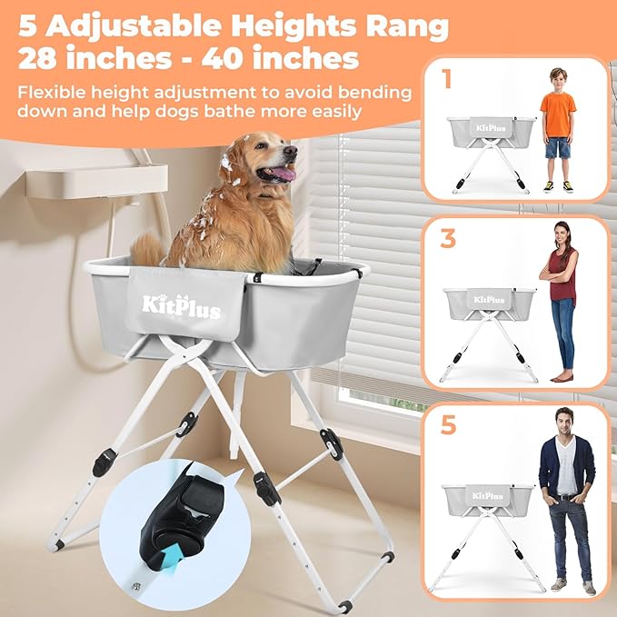 Elevated Dog Bathtub, 5 Height Adjustable Portable Dog Wash Station for Small to Large Pets, Foldable Bathing Tub with Storage & Anti-Slip Design Gray-PawvioPets
