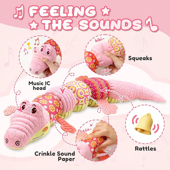 Baby Toys 0 to 12 Months, Musical Stuffed Animal Activity Soft Toys with Multi-Sensory Crinkle, Rattle and Textures,Infant Tummy Time Toys for Newborn Boys Girls, Crocodile, Pink-PawvioPets