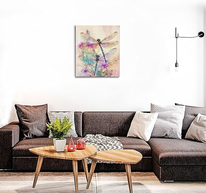 Dragonfly Bathroom Pictures Wall Art, Floral Bathroom Wall Decor, Framed Painting Canvas Artwork for Bedroom Living Room Decorations 24"L x 20"W-PawvioPets